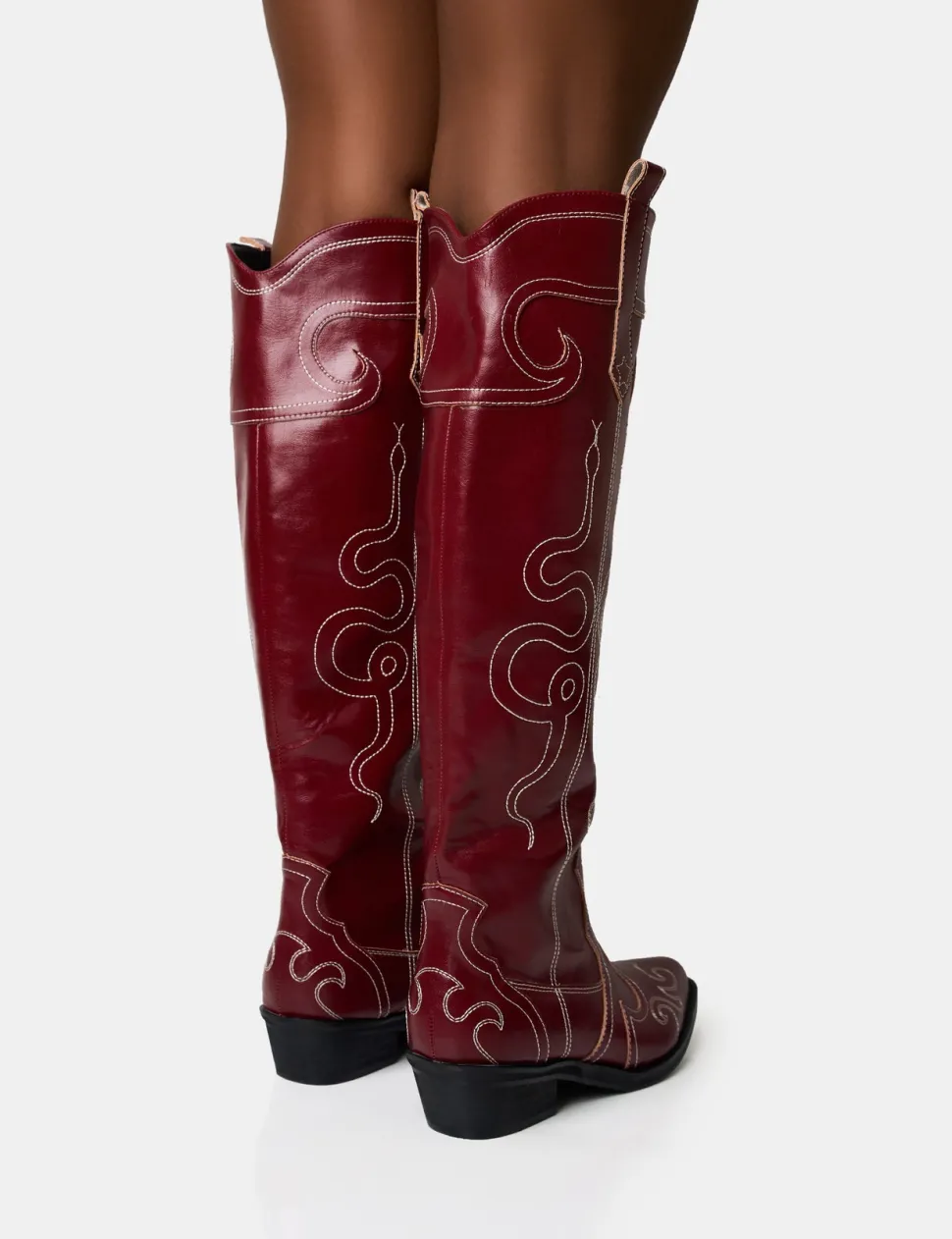 Cheap Serpentine Burgundy Wide Fit Snake Flat Knee High Western Boots Wide Fit Boots | Wide Fit Boots