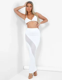 Clearance Sheer Panelled Mesh Knitted Maxi Skirt Ivory Sculpt & Leisure | Kaiia The Label