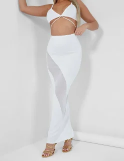 Clearance Sheer Panelled Mesh Knitted Maxi Skirt Ivory Sculpt & Leisure | Kaiia The Label