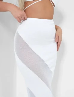 Clearance Sheer Panelled Mesh Knitted Maxi Skirt Ivory Sculpt & Leisure | Kaiia The Label