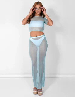 Fashion Sheer Shimmer Knitted Maxi Skirt Blue Sculpt & Leisure | Kaiia The Label