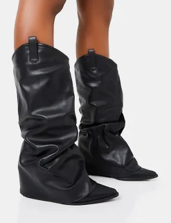 Hot Sheriff Pu Western Inspired Fold Over Pointed Toe Block Heeled Cowboy Knee High Boots Block Heels | Heeled Boots