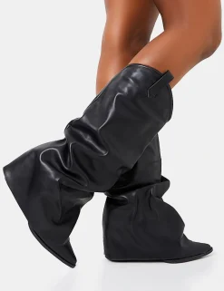 Hot Sheriff Pu Western Inspired Fold Over Pointed Toe Block Heeled Cowboy Knee High Boots Block Heels | Heeled Boots