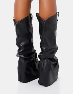 Hot Sheriff Pu Western Inspired Fold Over Pointed Toe Block Heeled Cowboy Knee High Boots Block Heels | Heeled Boots