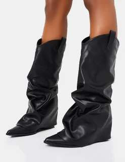 Hot Sheriff Pu Western Inspired Fold Over Pointed Toe Block Heeled Cowboy Knee High Boots Block Heels | Heeled Boots