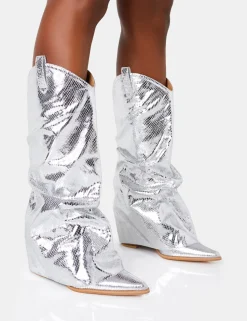 Best Sale Sheriff Metallic Western Fold Over Block Cowboy Knee High Boots Block Heels | Western Boots