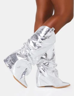 Best Sale Sheriff Metallic Western Fold Over Block Cowboy Knee High Boots Block Heels | Western Boots
