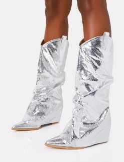 Best Sale Sheriff Metallic Western Fold Over Block Cowboy Knee High Boots Block Heels | Western Boots