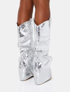 Best Sale Sheriff Metallic Western Fold Over Block Cowboy Knee High Boots Block Heels | Western Boots