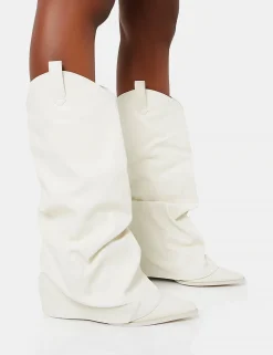 Sale Sheriff Pu Western Inspired Fold Over Pointed Toe Block Heeled Cowboy Knee High Boots Block Heels | Western Boots