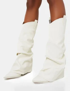 Sale Sheriff Pu Western Inspired Fold Over Pointed Toe Block Heeled Cowboy Knee High Boots Block Heels | Western Boots