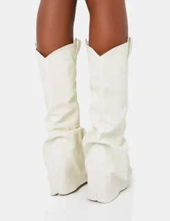 Sale Sheriff Pu Western Inspired Fold Over Pointed Toe Block Heeled Cowboy Knee High Boots Block Heels | Western Boots