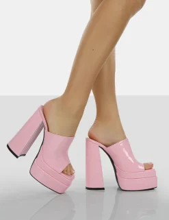 New Sky High Bubblegum Patent Chunky Platform High Heeled Mules Pink Heels | Mules