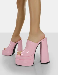 New Sky High Bubblegum Patent Chunky Platform High Heeled Mules Pink Heels | Mules