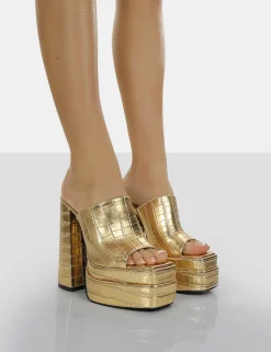 Best Sky High Croc Chunky Platform High Heeled Mules Gold Heels | Block Heels