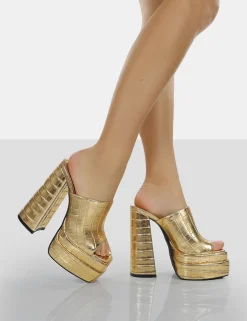Best Sky High Croc Chunky Platform High Heeled Mules Gold Heels | Block Heels