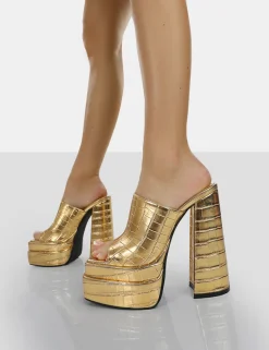 Best Sky High Croc Chunky Platform High Heeled Mules Gold Heels | Block Heels