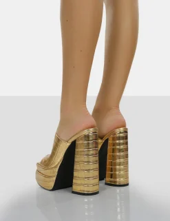 Best Sky High Croc Chunky Platform High Heeled Mules Gold Heels | Block Heels
