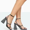 Cheap Skye Black Faux Suede Sparkly Diamante Open Toe Block High Heels Strappy Heels | Diamante Heels