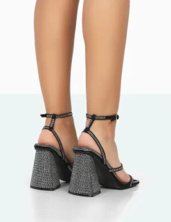 Cheap Skye Black Faux Suede Sparkly Diamante Open Toe Block High Heels Strappy Heels | Diamante Heels