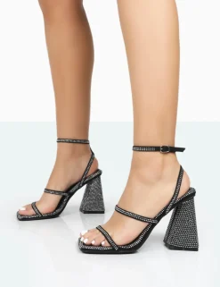 Cheap Skye Black Faux Suede Sparkly Diamante Open Toe Block High Heels Strappy Heels | Diamante Heels