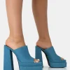 Outlet Skyhigh Denim Chunky Platform High Heeled Mules Square Toe Heels | Mules