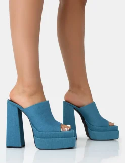 Outlet Skyhigh Denim Chunky Platform High Heeled Mules Square Toe Heels | Mules