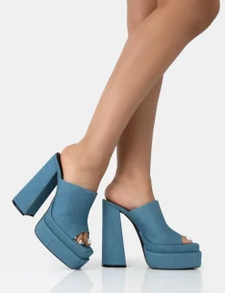 Outlet Skyhigh Denim Chunky Platform High Heeled Mules Square Toe Heels | Mules