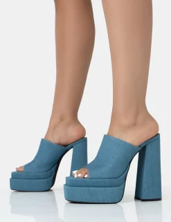 Outlet Skyhigh Denim Chunky Platform High Heeled Mules Square Toe Heels | Mules