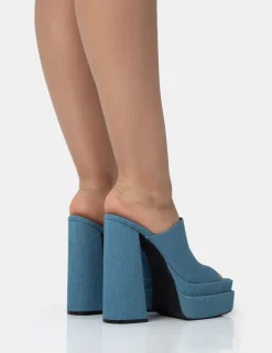 Outlet Skyhigh Denim Chunky Platform High Heeled Mules Square Toe Heels | Mules