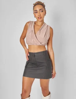 New Sleeveless Wrap Front Top With Hood Stone Tops
