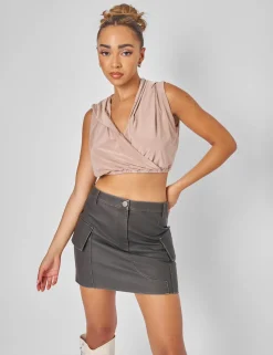 New Sleeveless Wrap Front Top With Hood Stone Tops
