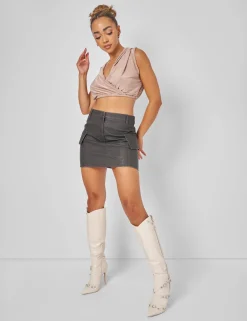 New Sleeveless Wrap Front Top With Hood Stone Tops