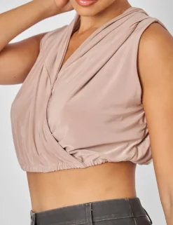 New Sleeveless Wrap Front Top With Hood Stone Tops