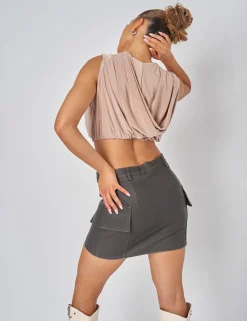 New Sleeveless Wrap Front Top With Hood Stone Tops