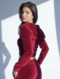 Clearance Slim Fit Velour Zip Through Cropped Hoodie Cherry Sculpt & Leisure | Kaiia The Label