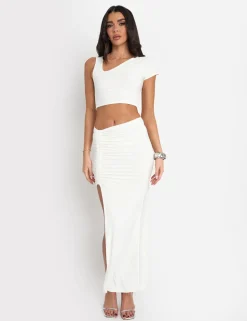 Sale Slinky Asymmetric Ruched Maxi Skirt Co Ord White Sculpt & Leisure | Kaiia The Label