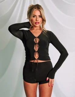 Store Slinky Cut Out Bow Detail Long Sleeve Top Co-ords | Tops