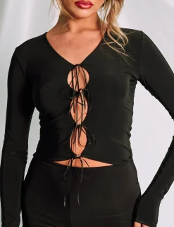 Store Slinky Cut Out Bow Detail Long Sleeve Top Co-ords | Tops