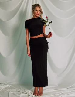 Clearance Slinky Foldover Ruched Maxi Skirt Co-ords