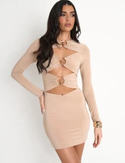 Outlet Slinky Metal Detail Long Sleeve Mini Dress Dresses