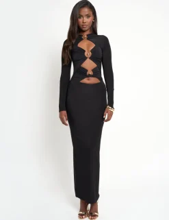 Store Slinky Metal Detail Long Sleeve Maxi Dress Dresses