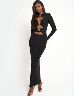 Store Slinky Metal Detail Long Sleeve Maxi Dress Dresses