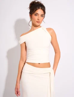 Discount Slinky One Shoulder Asymmetric Luxe Top White Tops