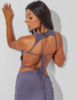 Cheap Slinky Open Back Tie Detail Crop Top Charcoal Co-ords | Tops