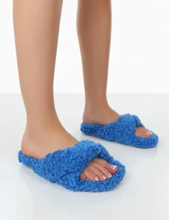 Online Slumber Teddy Cross Over Strap Slippers Flats