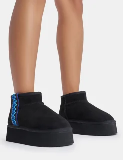 New Snowfall Faux Suede Aztec Trim Ultra Mini Ankle Platform Boots Faux Fur Ankle Boots | Flat Boots