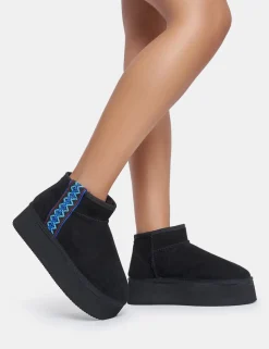 New Snowfall Faux Suede Aztec Trim Ultra Mini Ankle Platform Boots Faux Fur Ankle Boots | Flat Boots