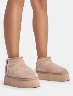 Discount Snowfall Light Beige Faux Suede Aztec Trim Mini Ankle Platform Boots Faux Fur Ankle Boots | Flat Boots