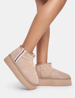 Discount Snowfall Light Beige Faux Suede Aztec Trim Mini Ankle Platform Boots Faux Fur Ankle Boots | Flat Boots